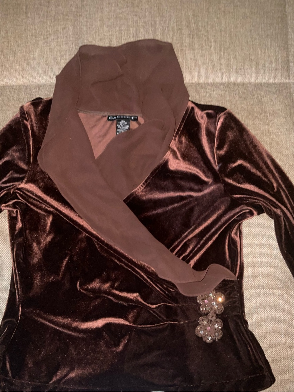 Cachet Chocolate Brown Velvet Wrap blouse with Brooch Accents